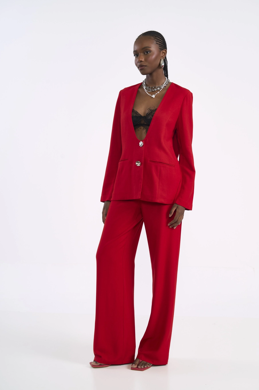 Calça Feminina Wide Leg Alfaiatada De Cintura Alta Vermelho