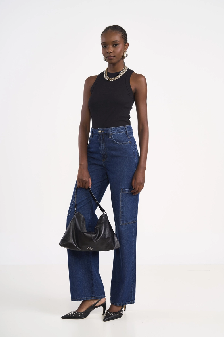 Calça Feminina Jeans Cargo Wide Leg
