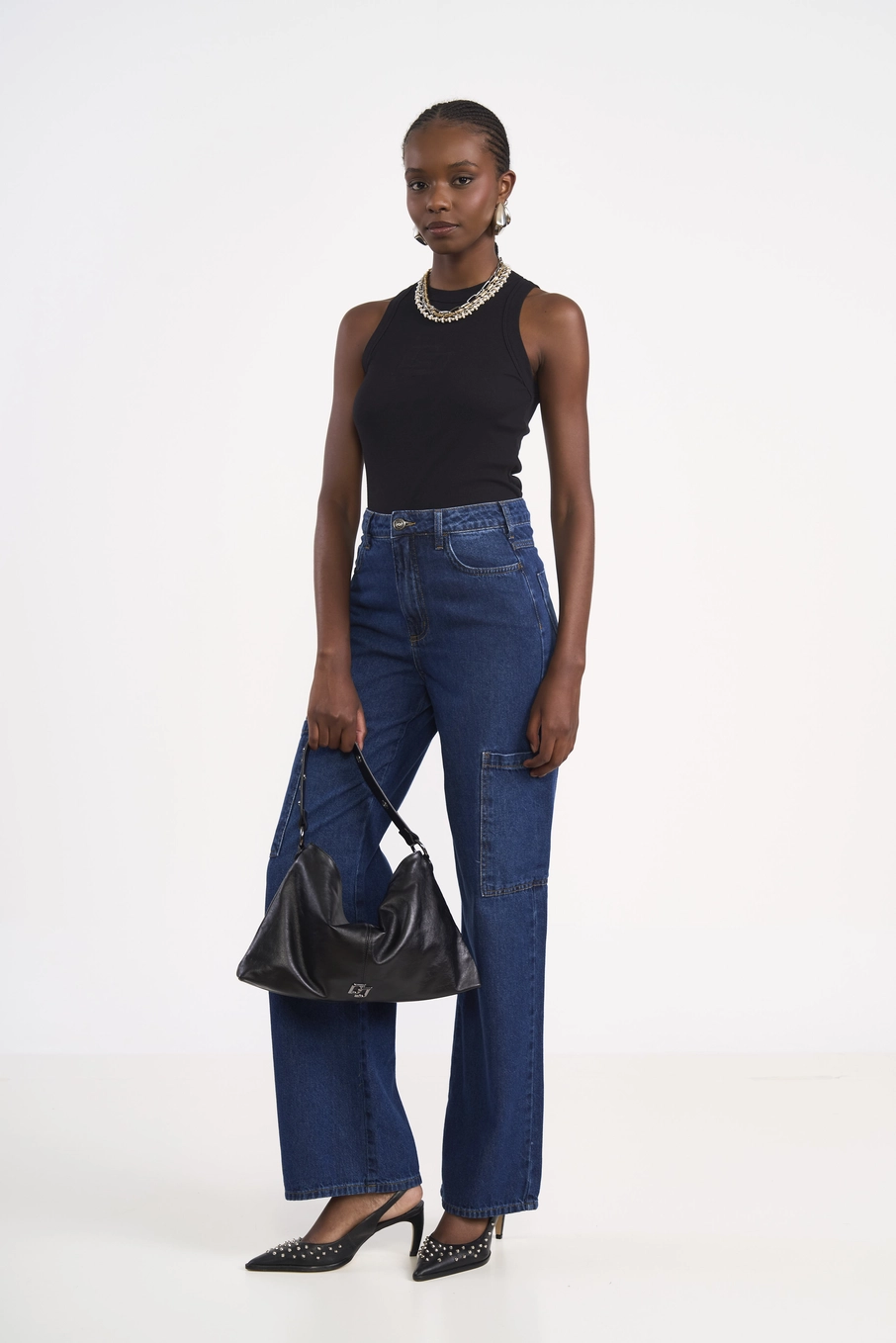 Calça Feminina Jeans Cargo Wide Leg Índigo