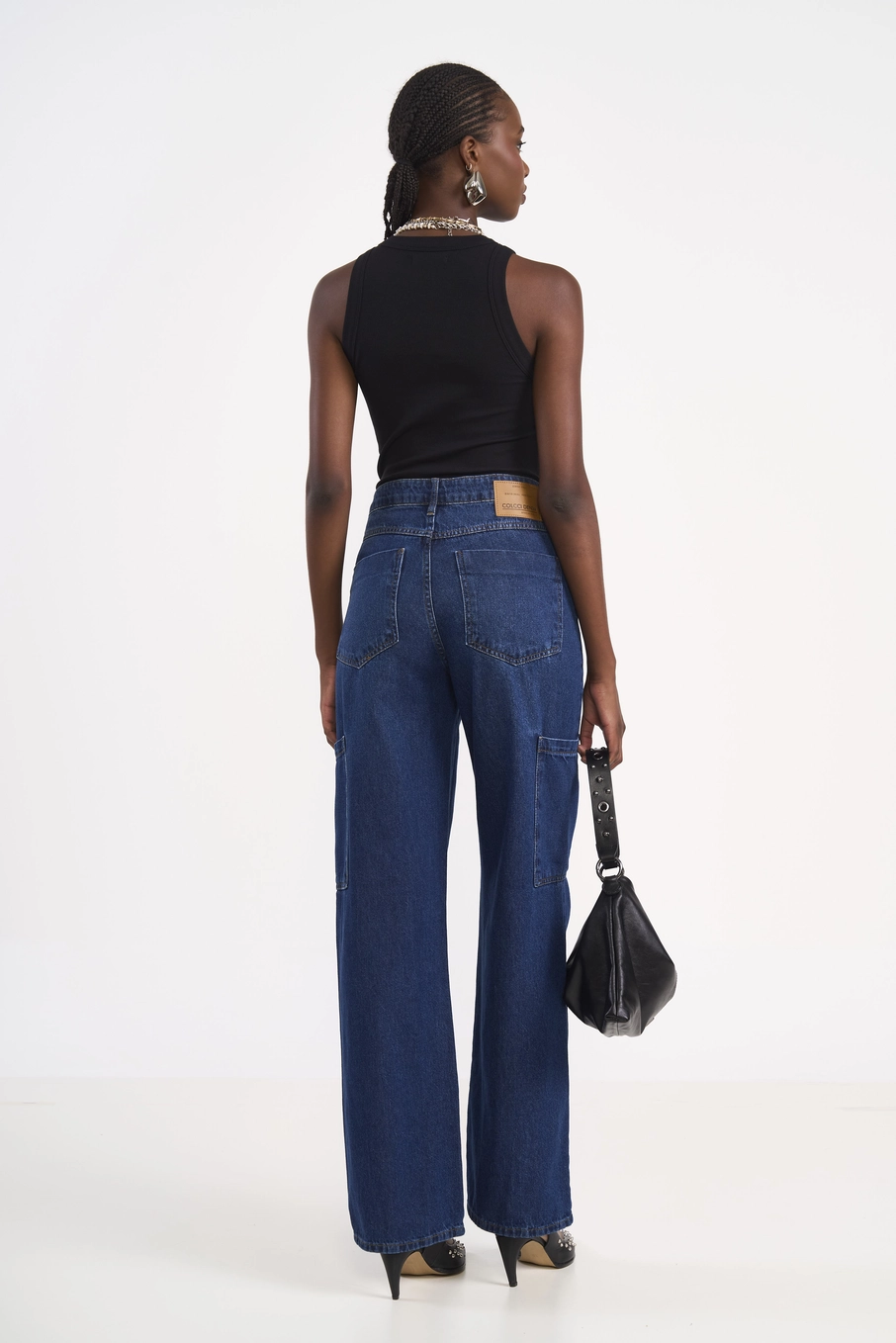 Calça Feminina Jeans Cargo Wide Leg Índigo