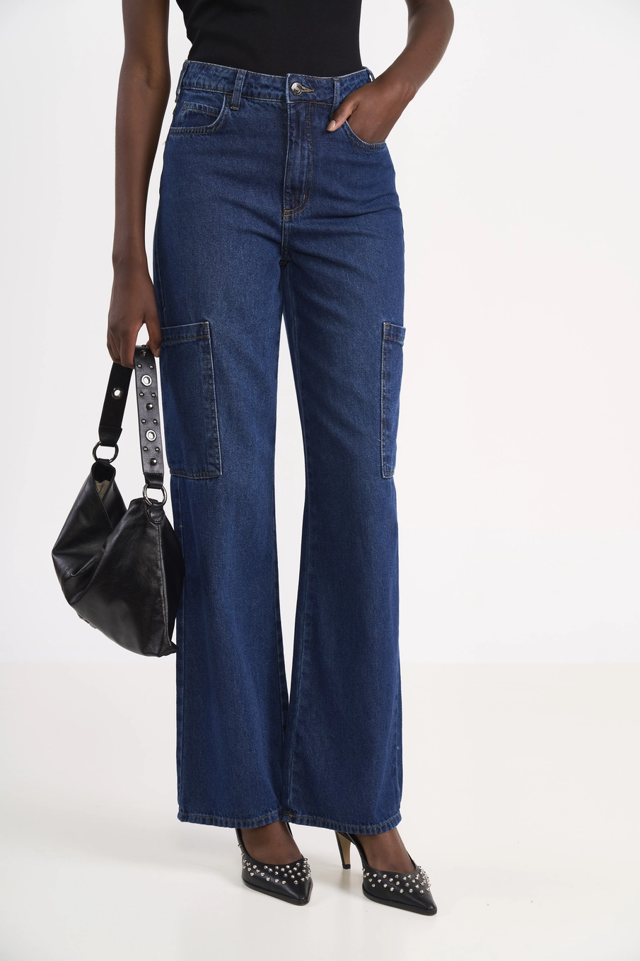 Calça Feminina Jeans Cargo Wide Leg Índigo