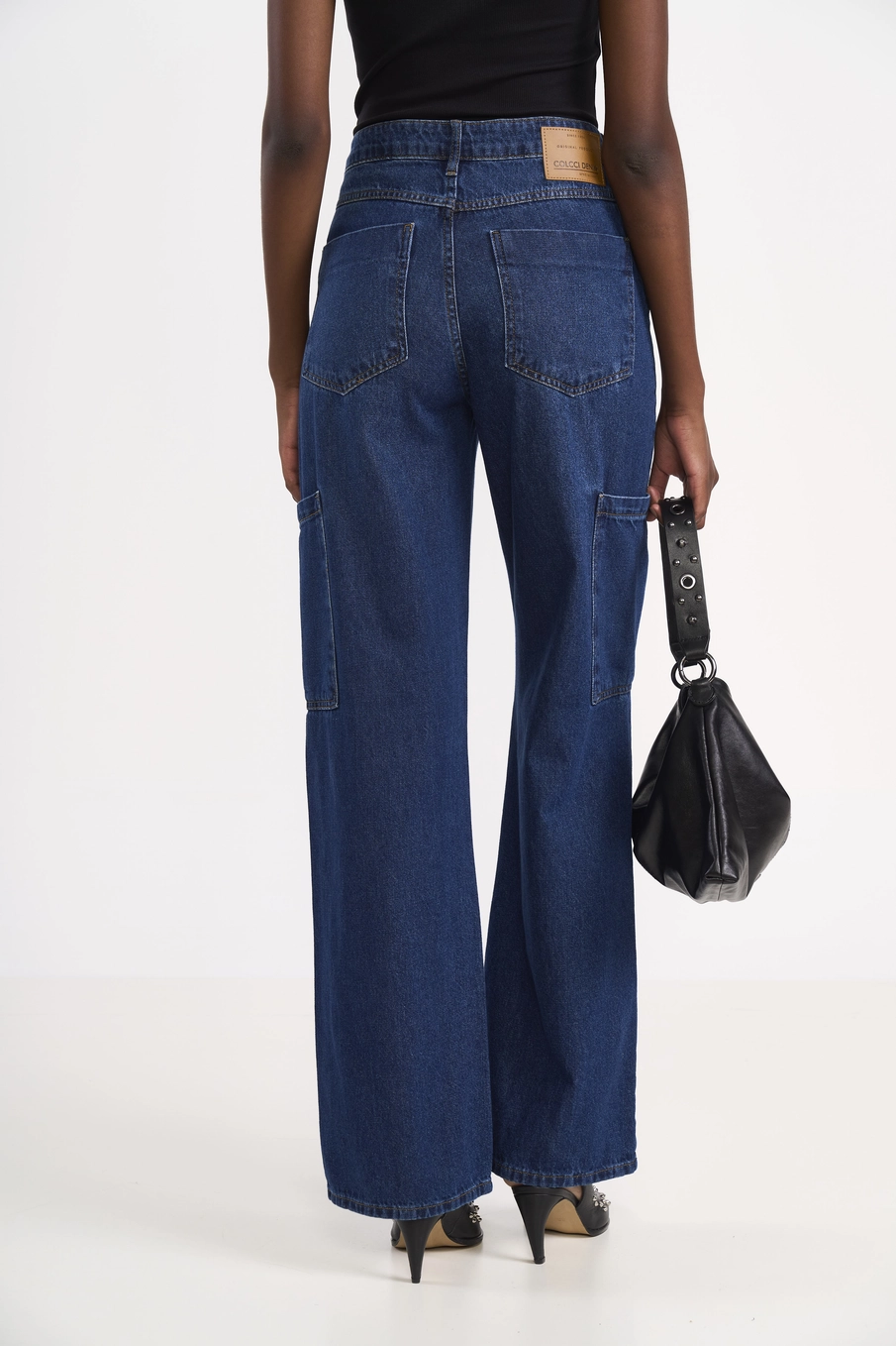 Calça Feminina Jeans Cargo Wide Leg Índigo