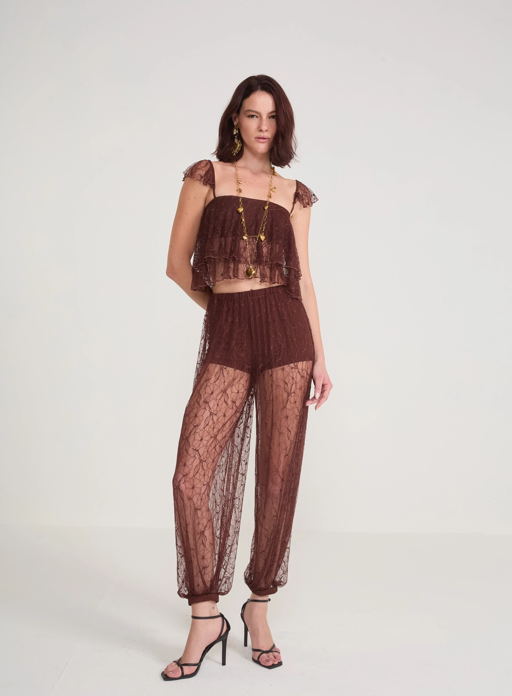 Calça Aladim Em Renda Marrom