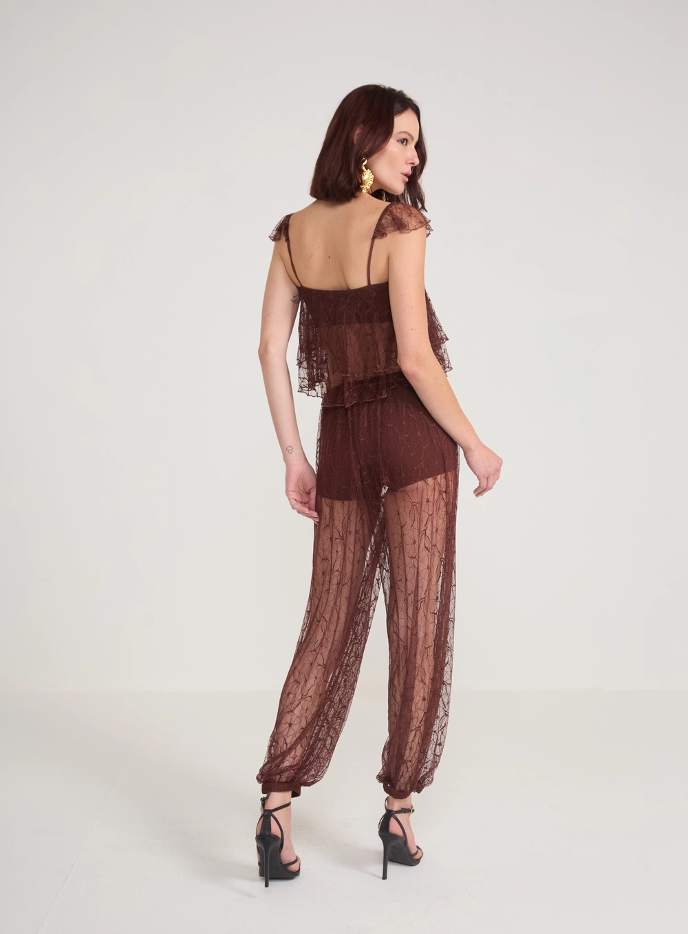Calça Aladim Em Renda Marrom
