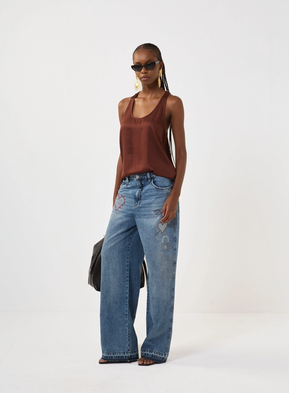 Calça Jeans Wide Leg Bordada Índigo