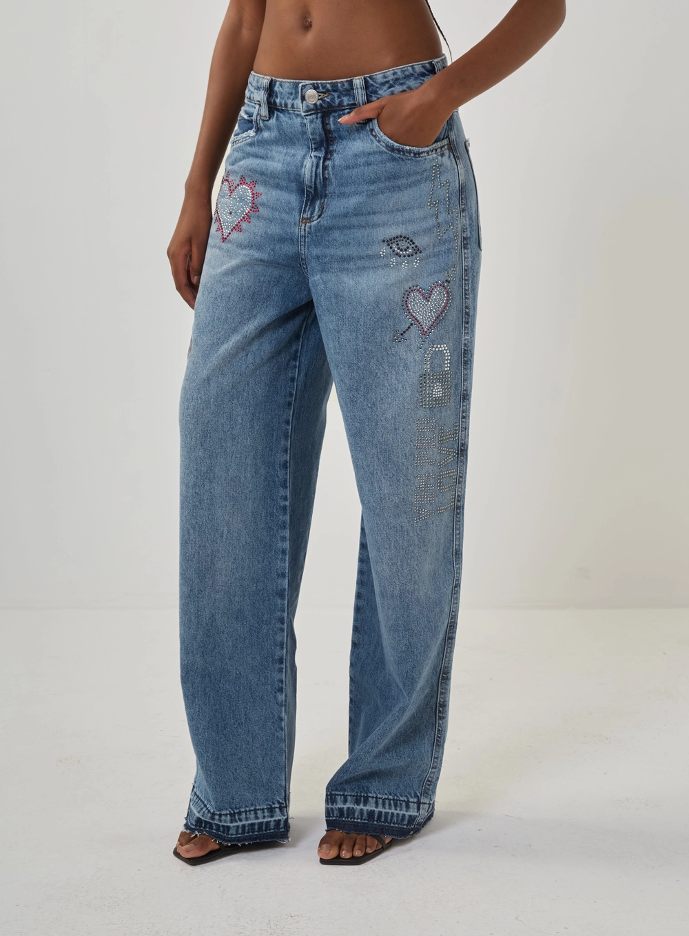 Calça Jeans Wide Leg Bordada Índigo
