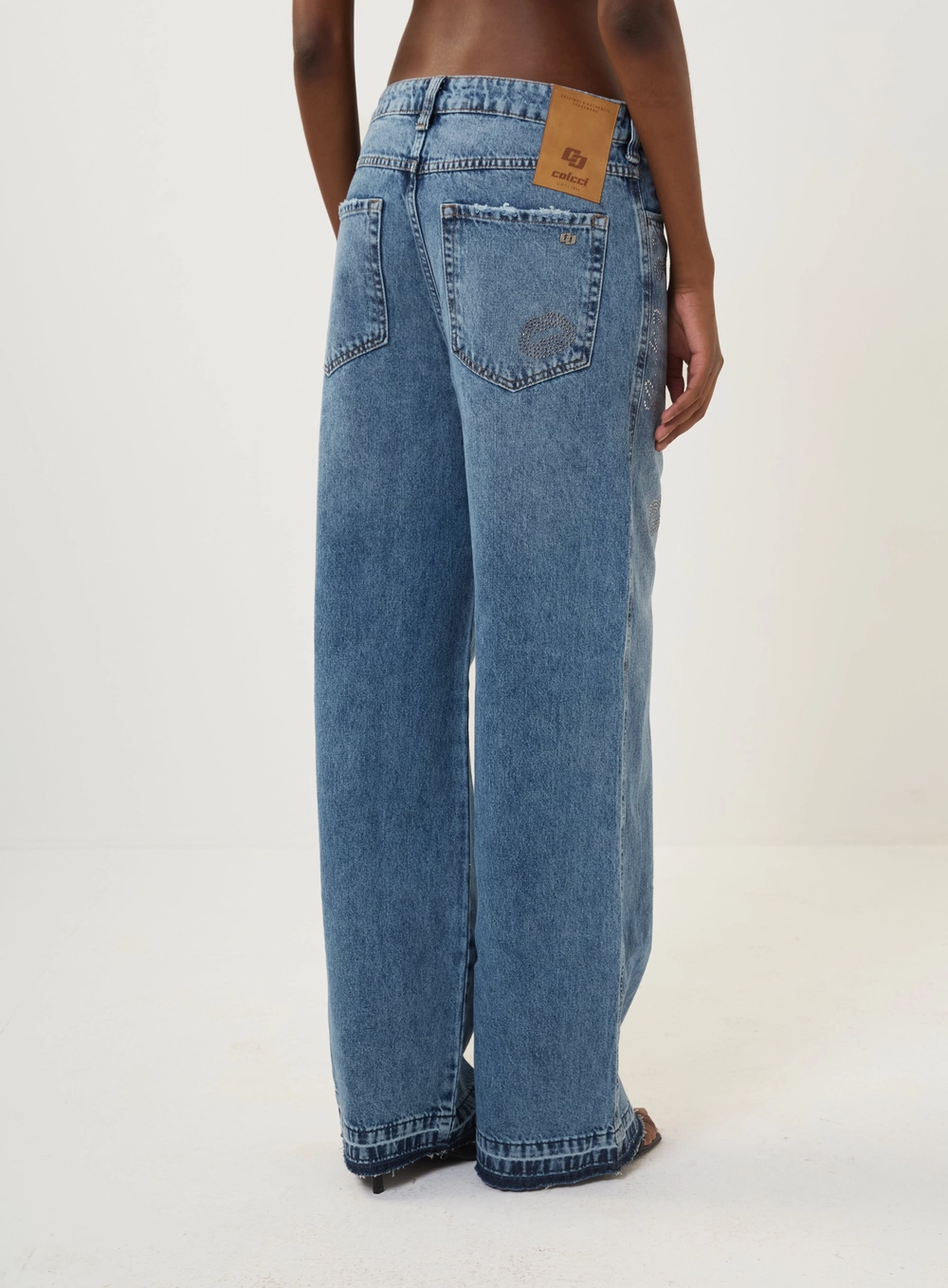 Calça Jeans Wide Leg Bordada Índigo