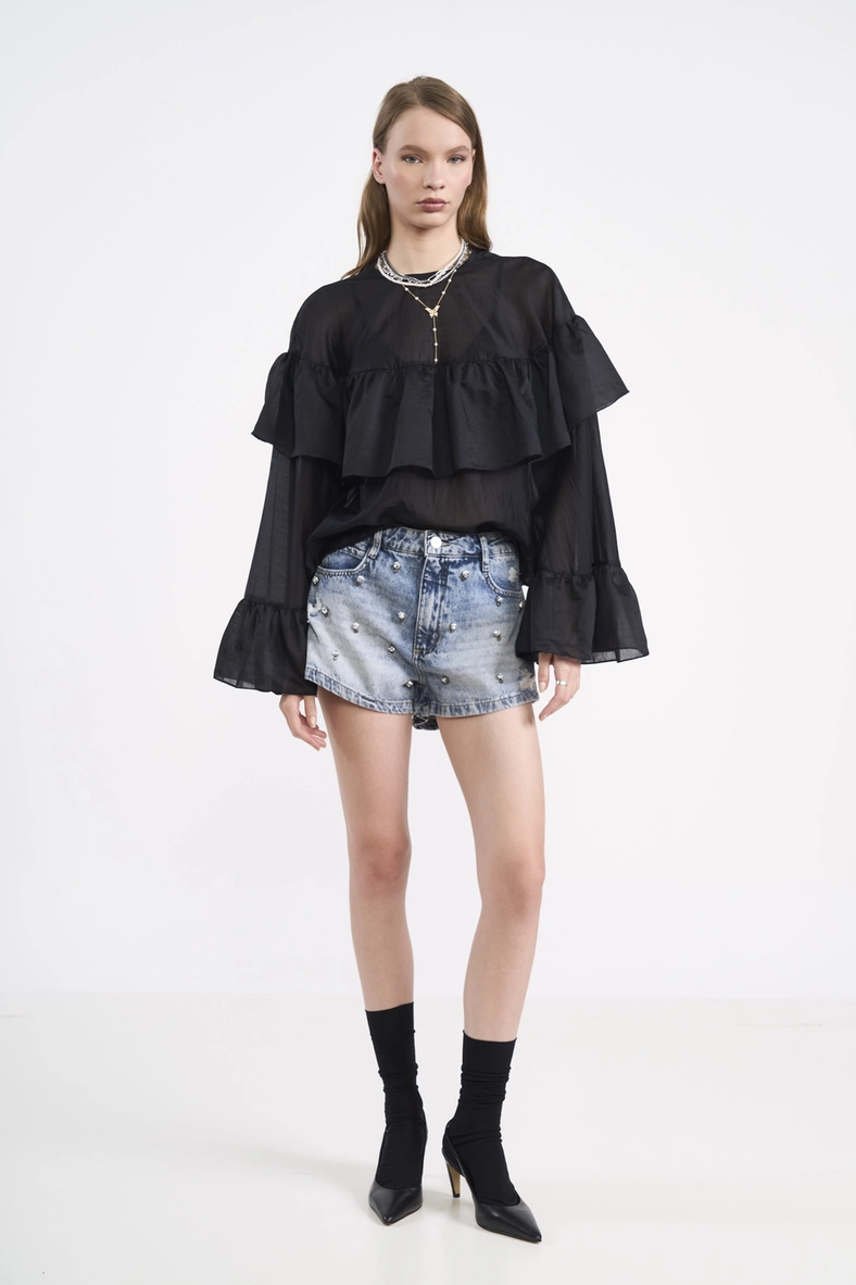 Short Jeans Mini Com Aplicações De Cristais