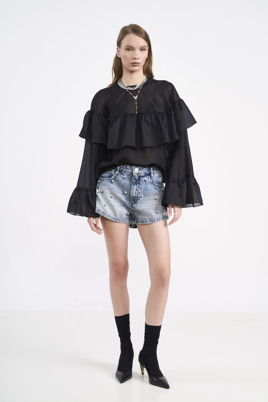 Short Jeans Mini Com Aplicações De Cristais Índigo