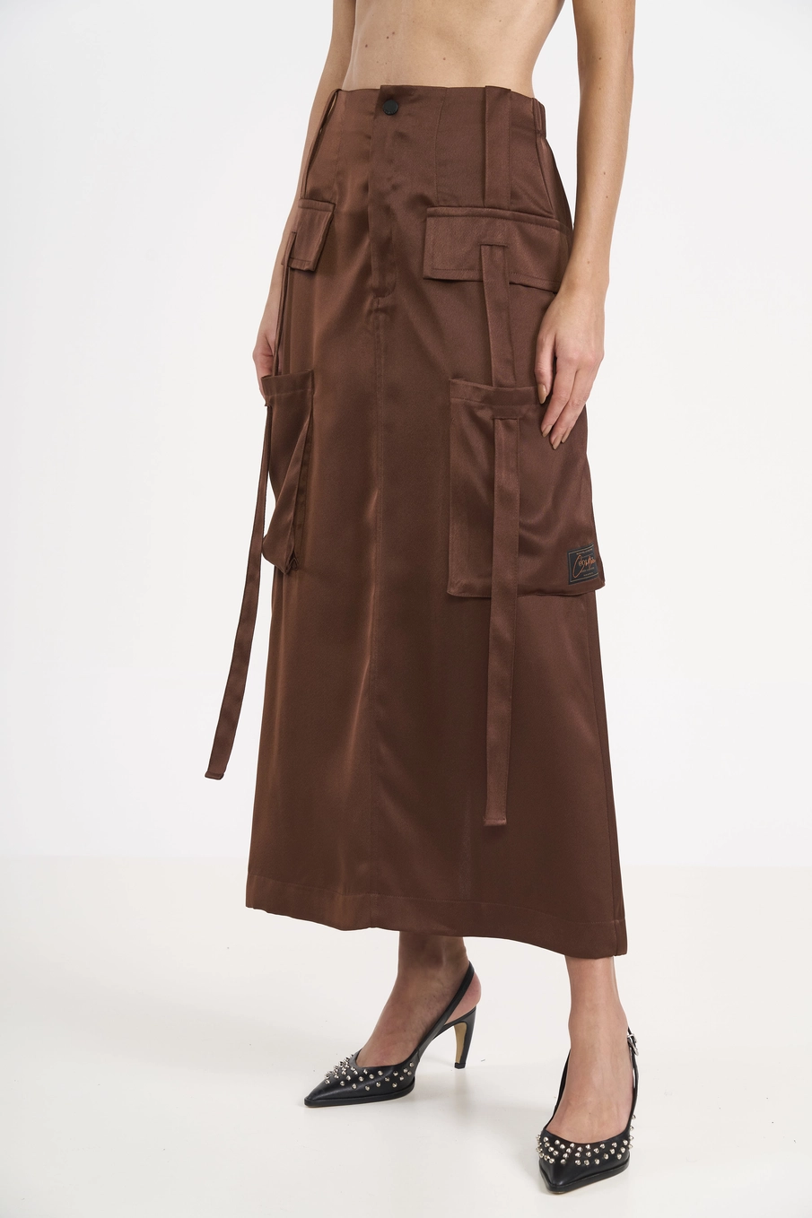 Saia Midi Cargo Acetinada Marrom