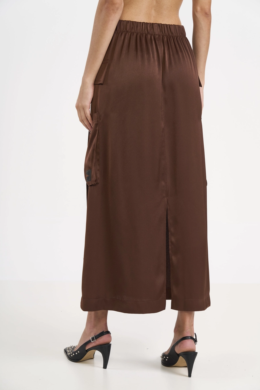 Saia Midi Cargo Acetinada Marrom