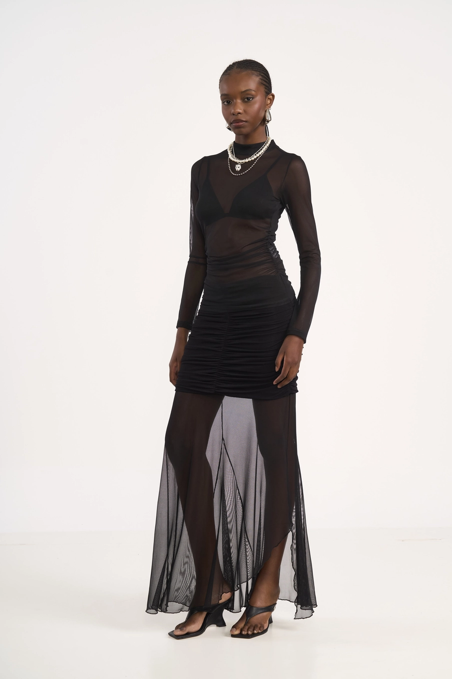 Saia Midi Com Recorte Transparente Preto