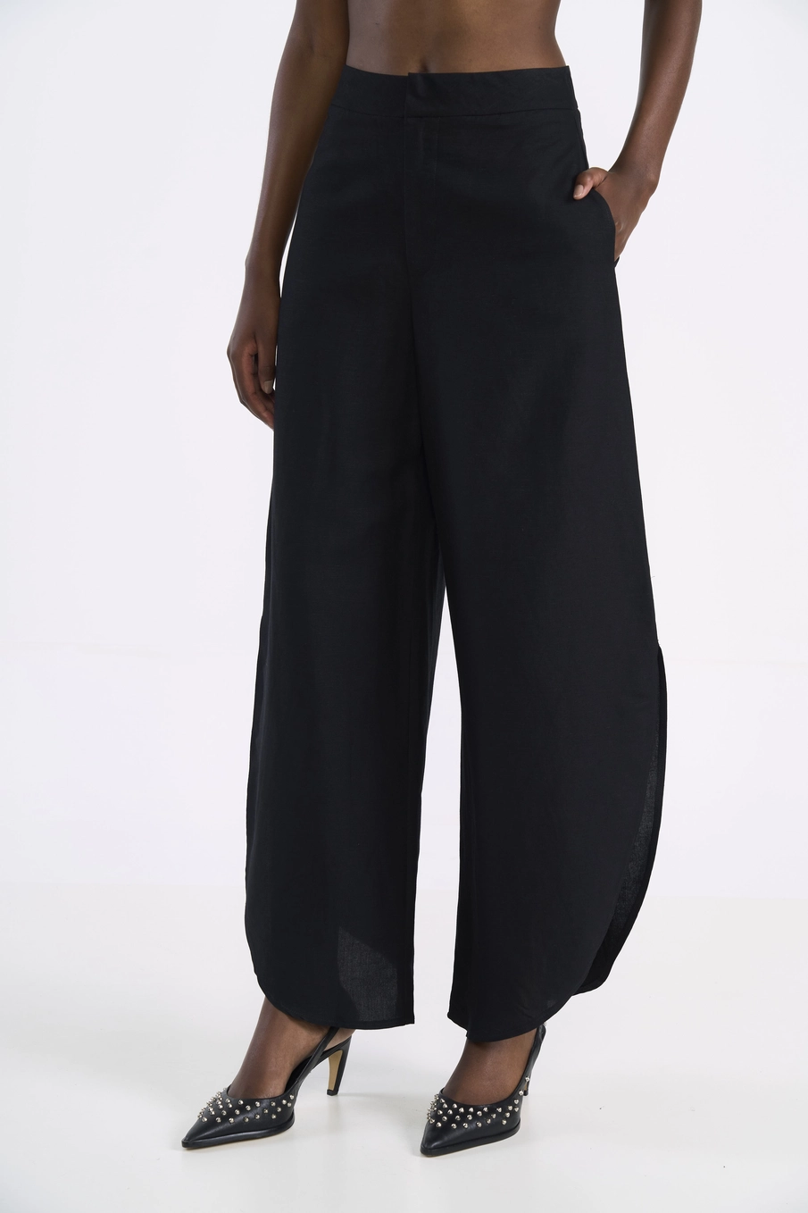 Calça Barril Em Viscose E Linho Preto