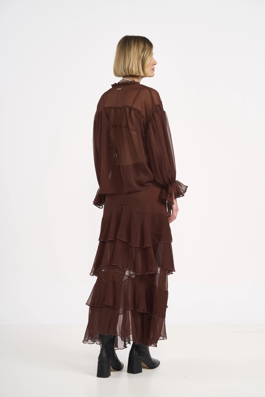 Saia Chiffon Em Camadas Marrom