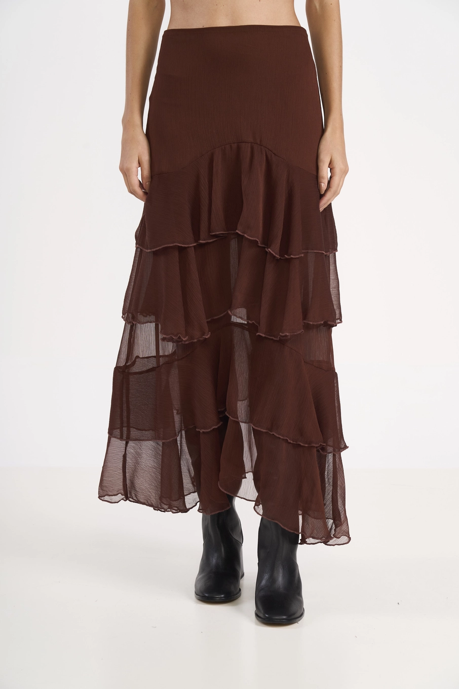 Saia Chiffon Em Camadas Marrom