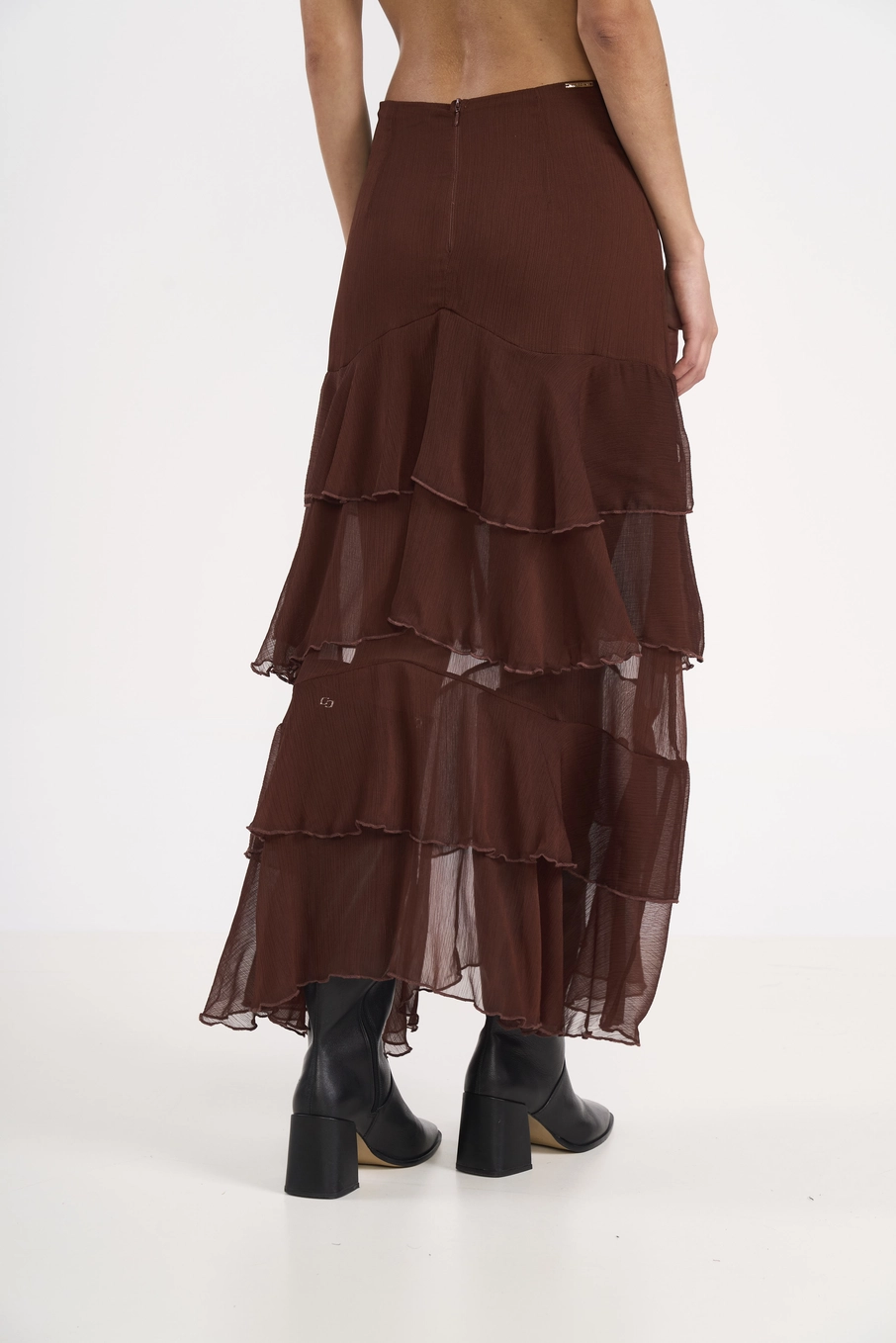 Saia Chiffon Em Camadas Marrom