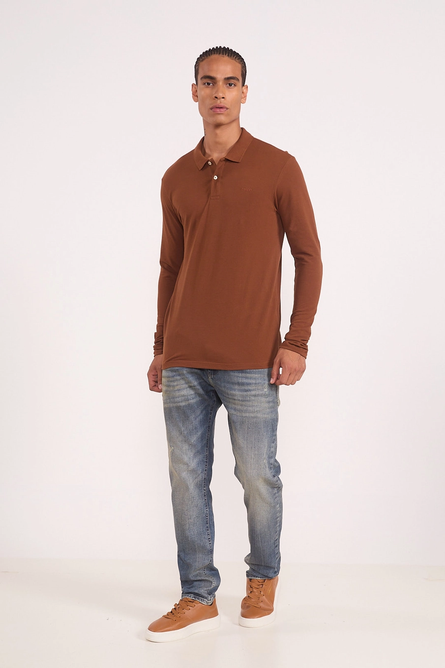 Polo Manga Longa Piquet Marrom