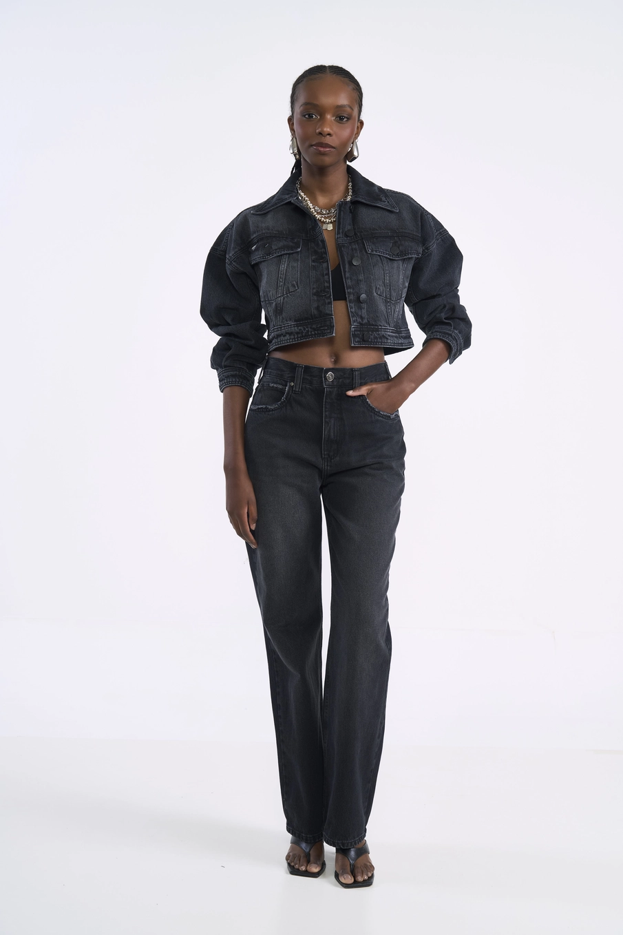 Jaqueta Feminina Jeans Cropped Indigo Preto