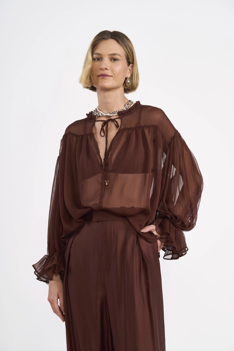 Blusa Loose Em Chiffon Com Mangas Bufantes
