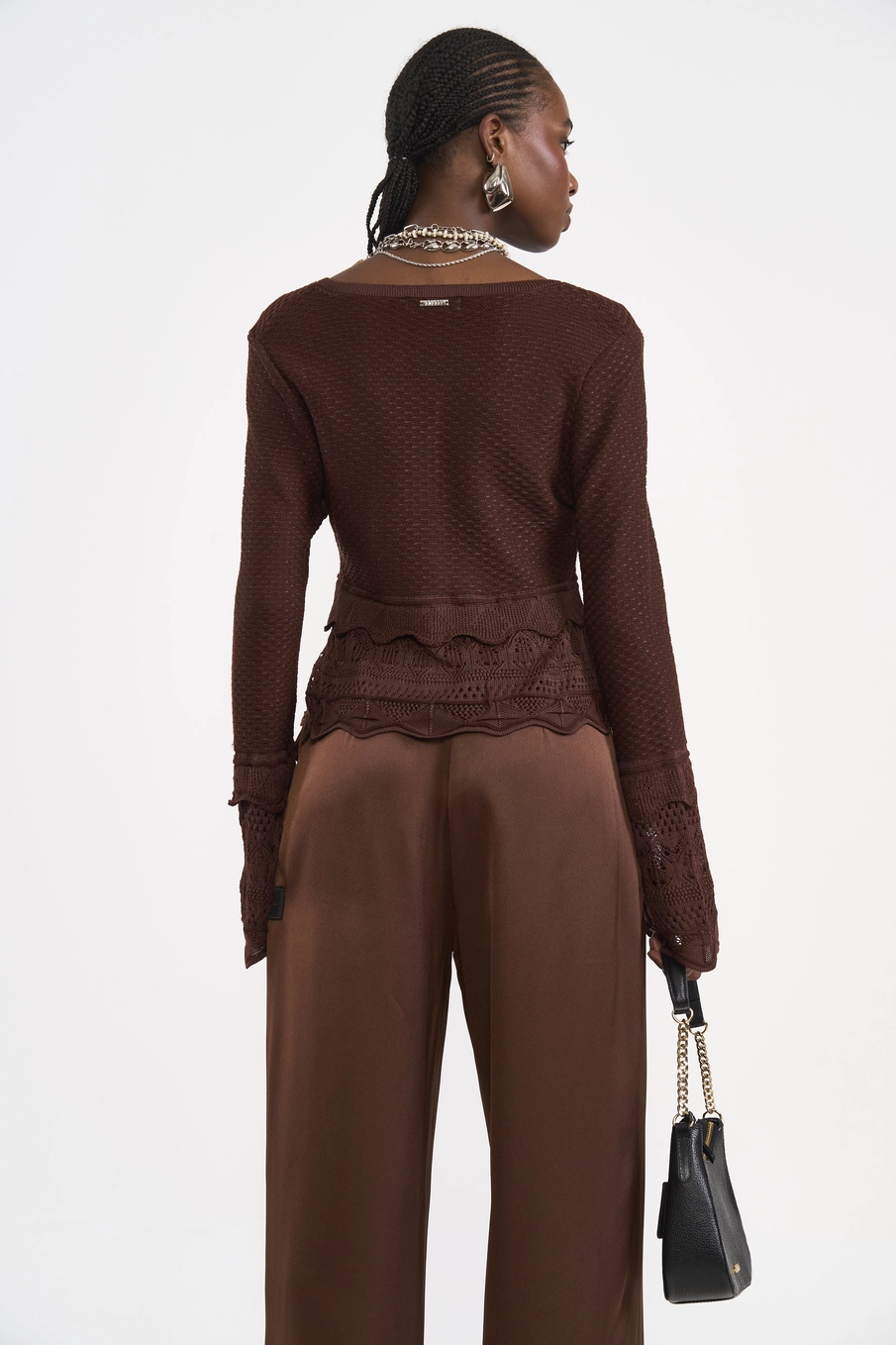 Blusa Tricot Trabalhada Com Babados Marrom
