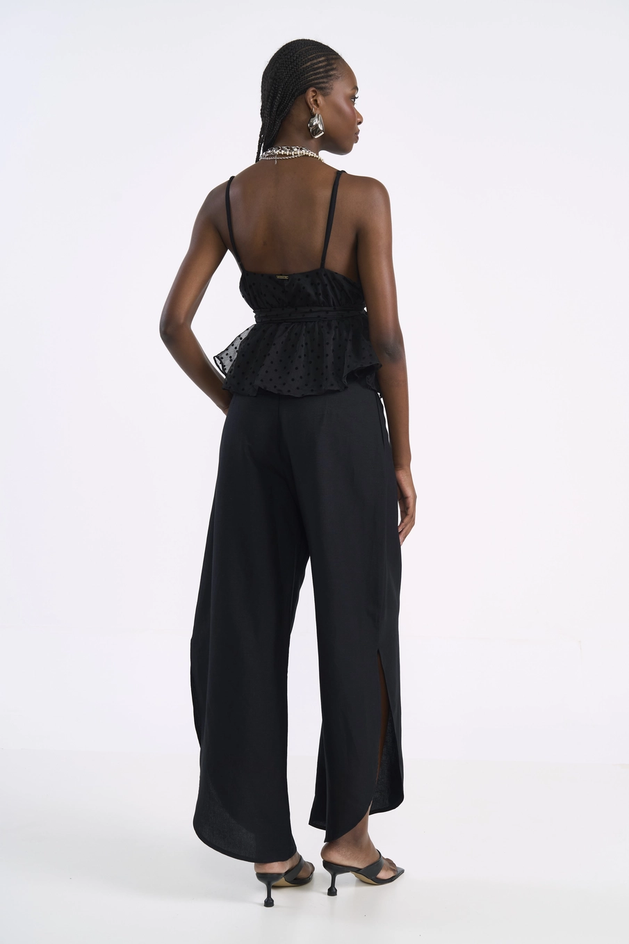 Blusa Peplum Com Transparência E Poá Preto