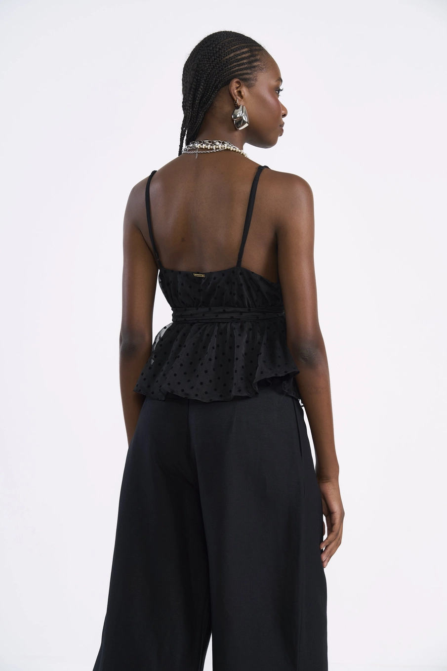 Blusa Peplum Com Transparência E Poá Preto