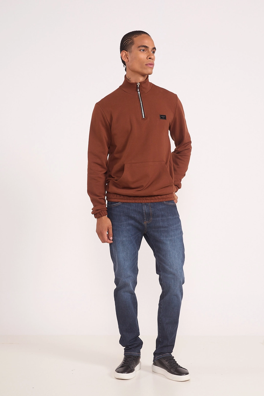 Blusão Moletom Masculino Gola Alta Half-zip Marrom