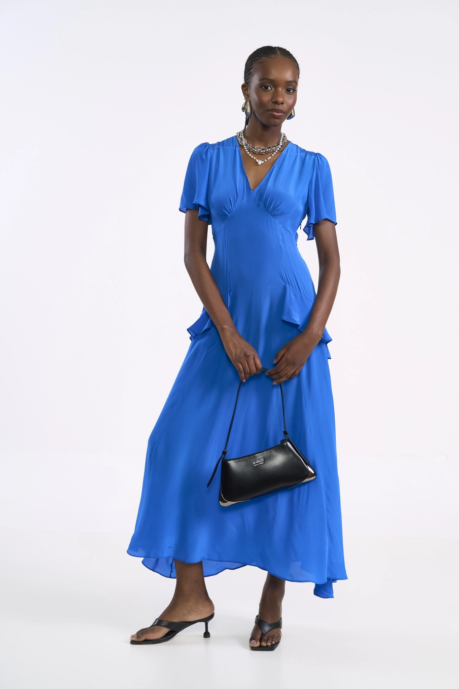Vestido Midi Fluido Com Babados Azul
