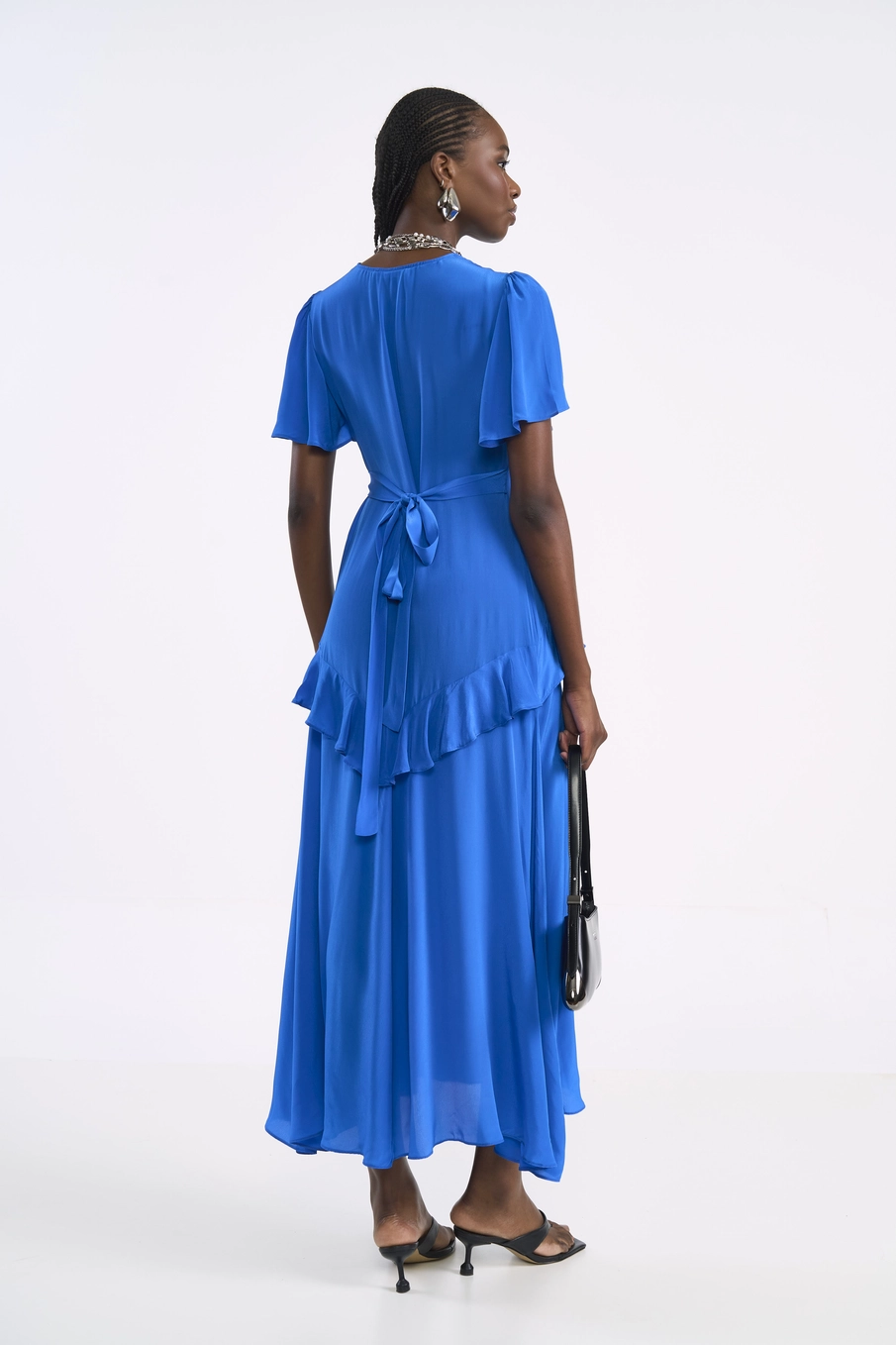 Vestido Midi Fluido Com Babados Azul