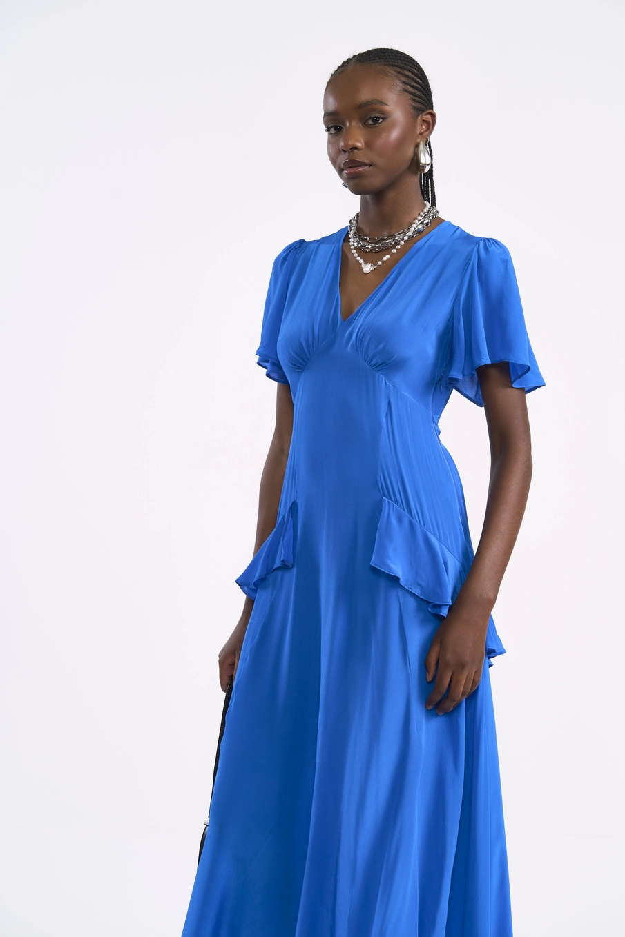 Vestido Midi Fluido Com Babados Azul