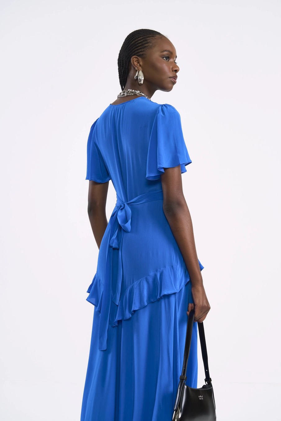 Vestido Midi Fluido Com Babados Azul