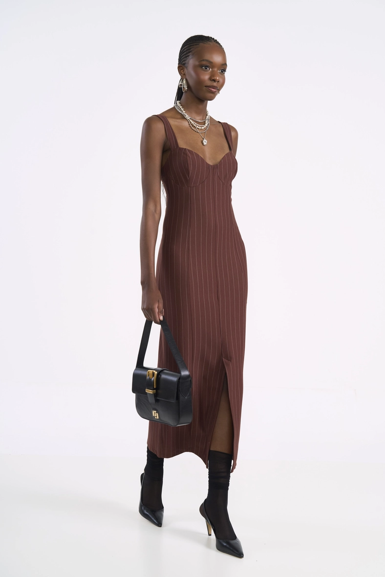 Vestido Midi Acinturado Risca De Giz