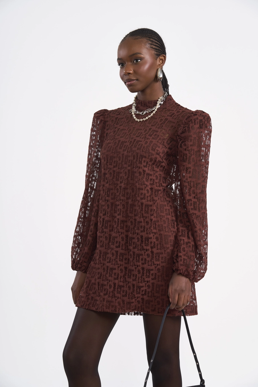 Vestido Reto Manga Longa Em Renda Marrom