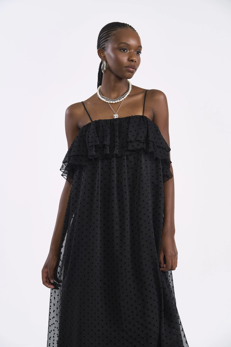 Vestido Longo Tule Poá Preto