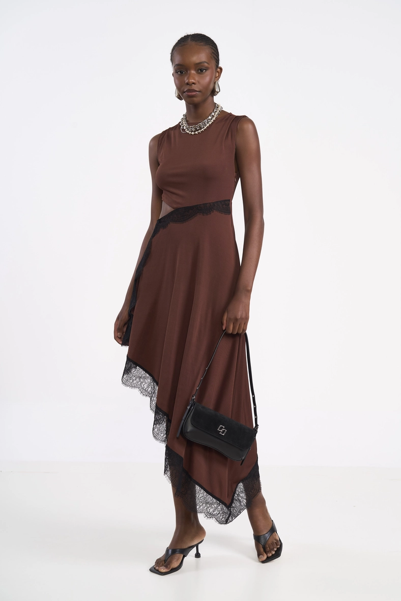 Vestido Slim Assimétrico Com Renda