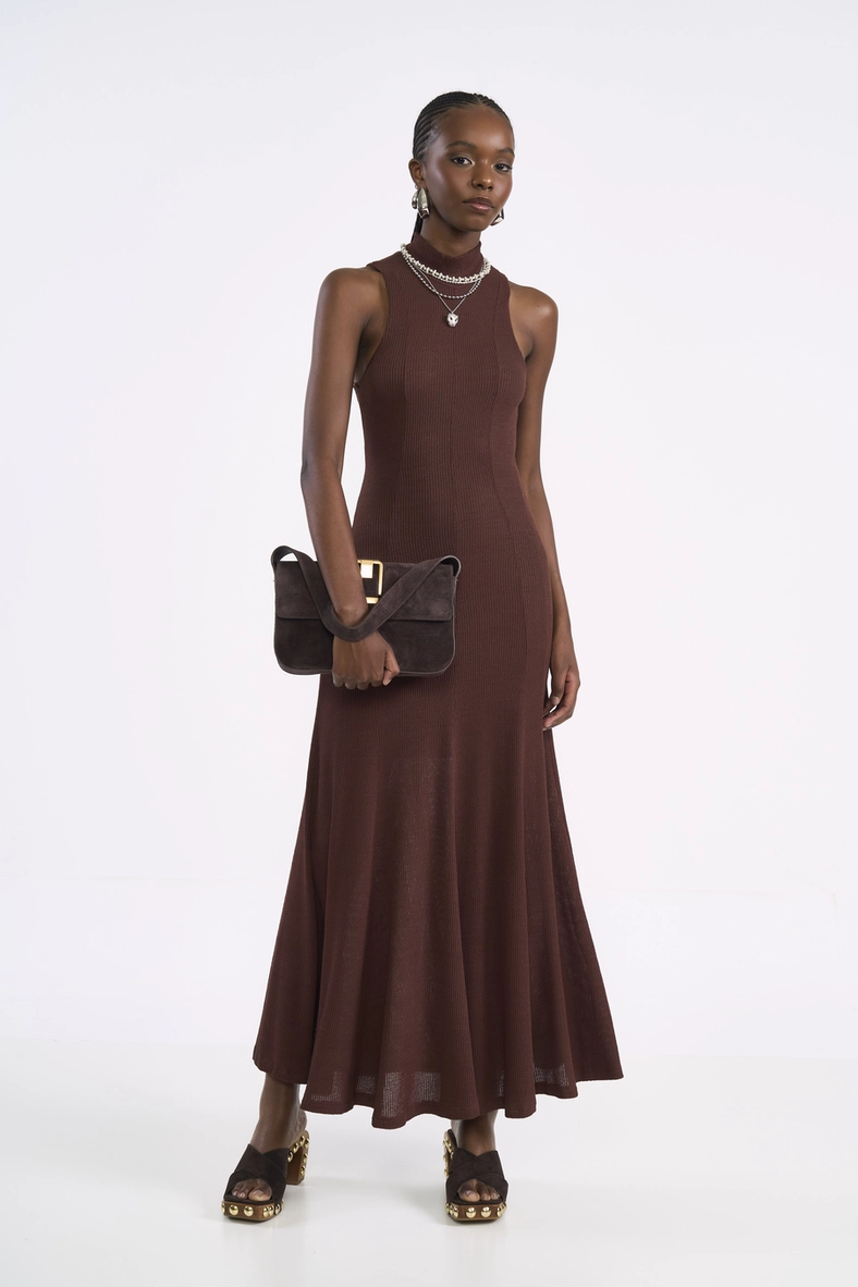Vestido Maxi Canelado Gola Alta