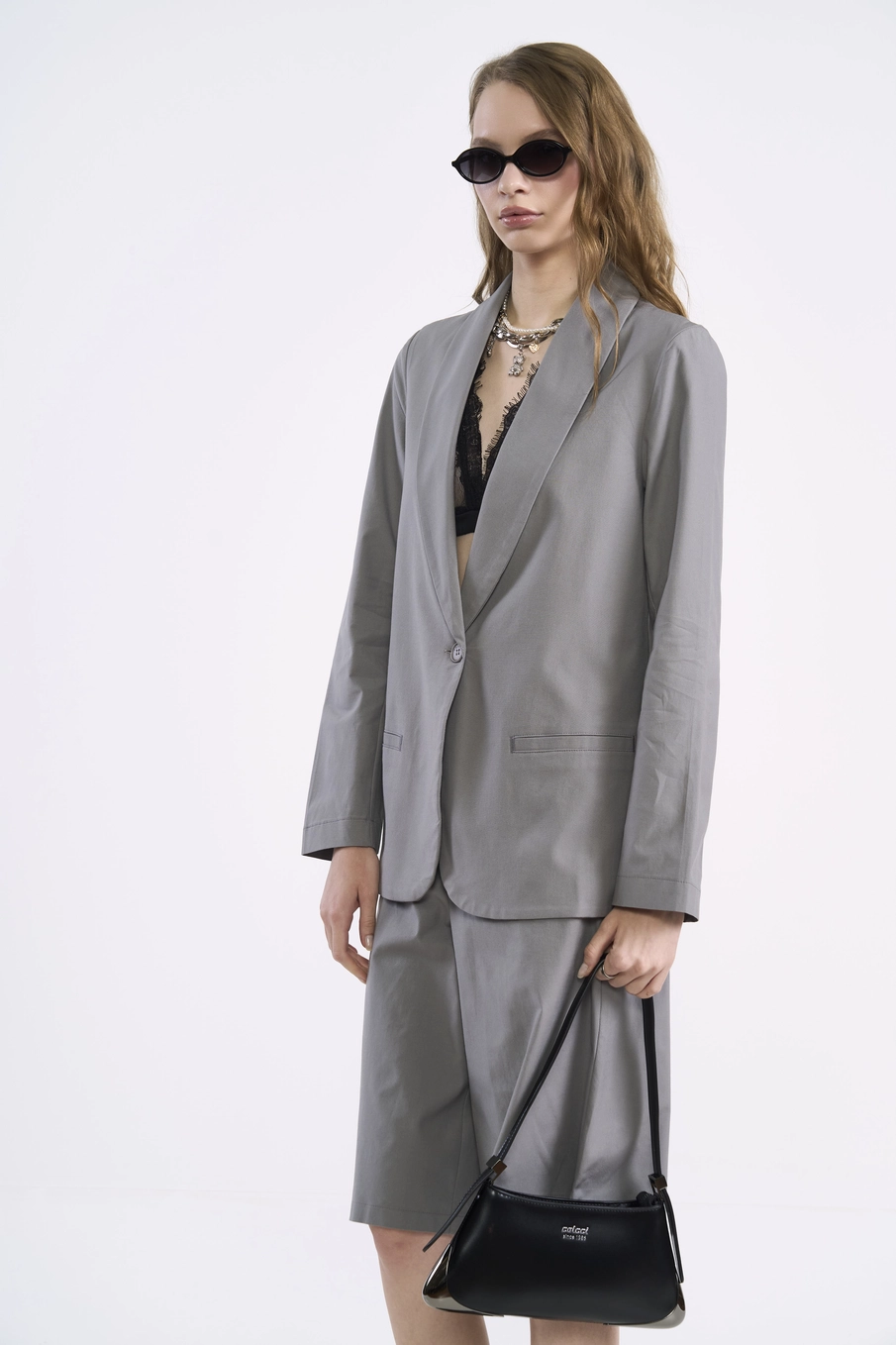 Blazer Alfaiataria Alongado Cinza