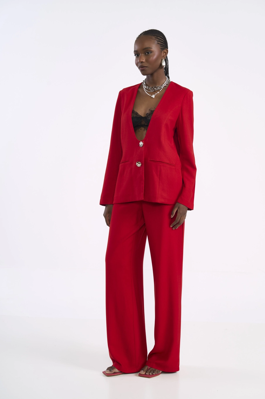 Blazer Alfaiataria Viscose Decote Profundo Vermelho