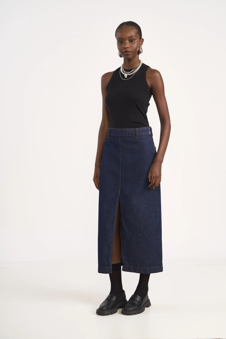 Saia Jeans Midi Com Fenda Frontal
