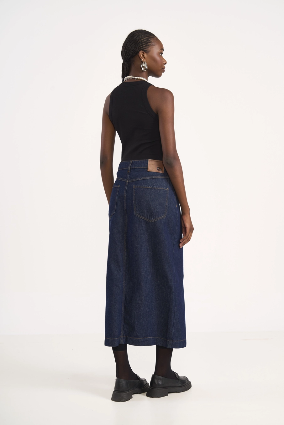 Saia Jeans Midi Com Fenda Frontal Índigo