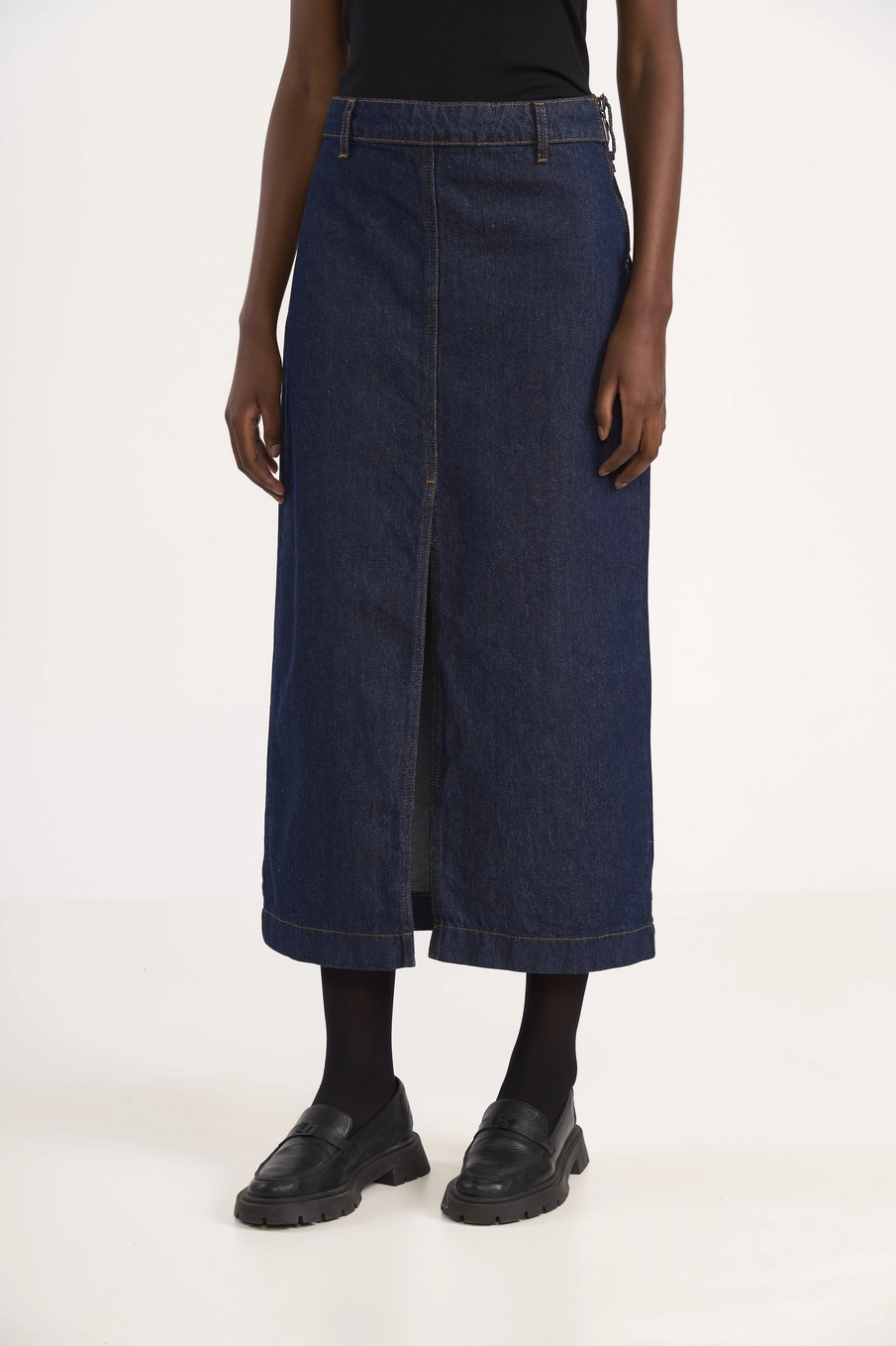 Saia Jeans Midi Com Fenda Frontal Índigo