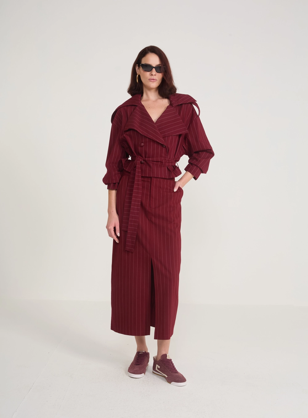 Saia Midi Alfaiataria Risca De Giz Estampados