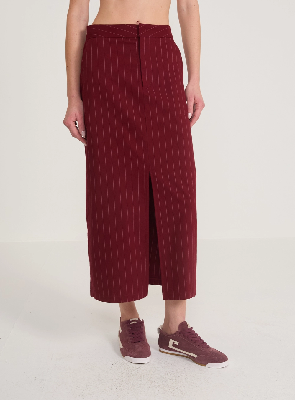 Saia Midi Alfaiataria Risca De Giz Estampados