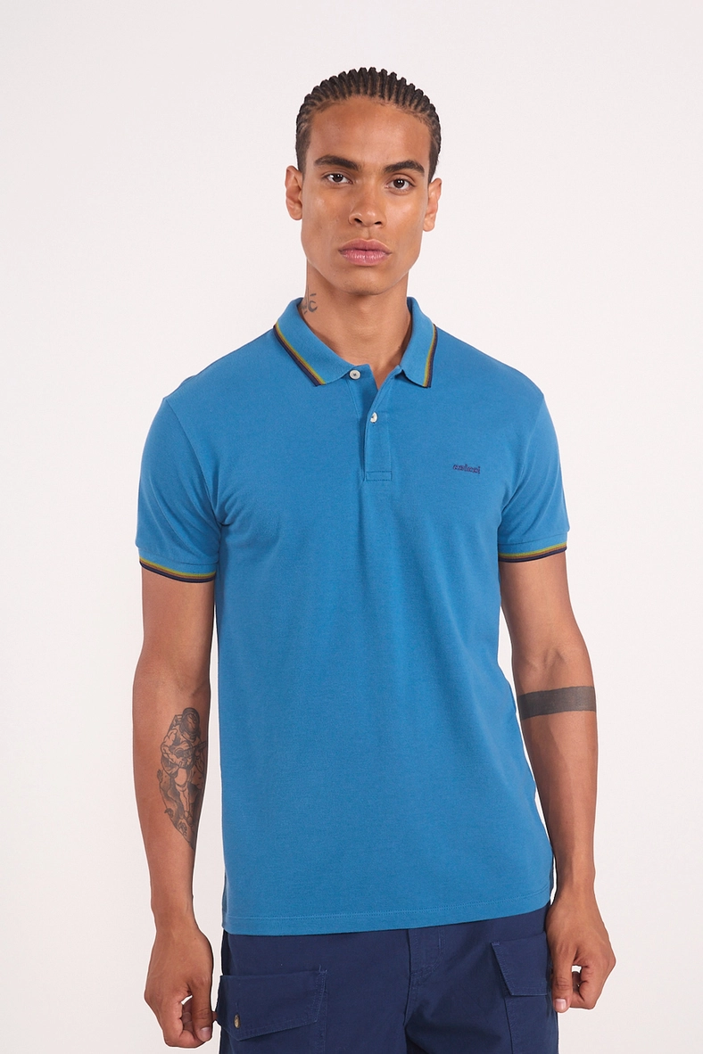 Polo Masculina Em Algodão Com Frisos Contrastantes