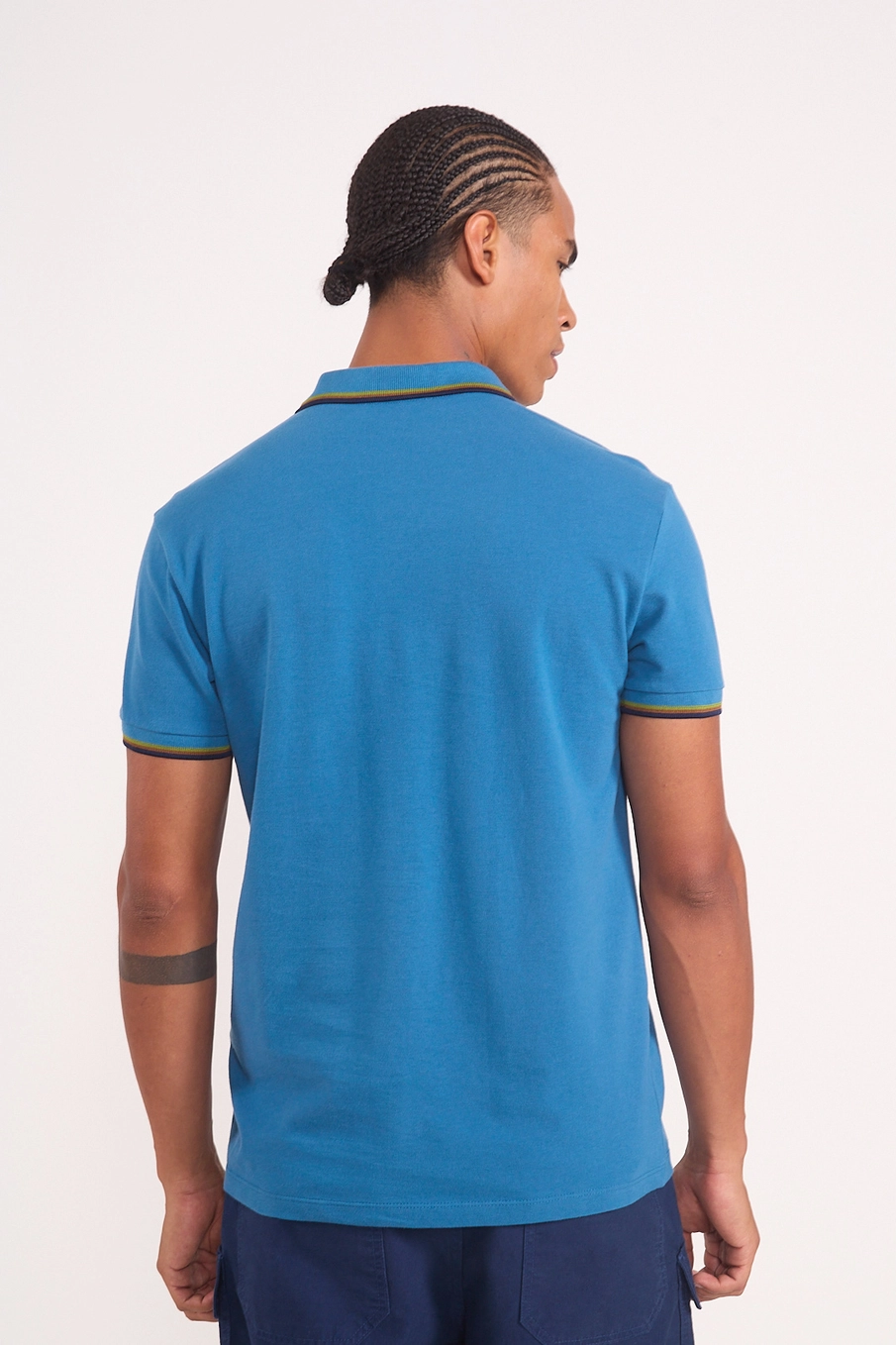 Polo Masculina Em Algodão Com Frisos Contrastantes Azul