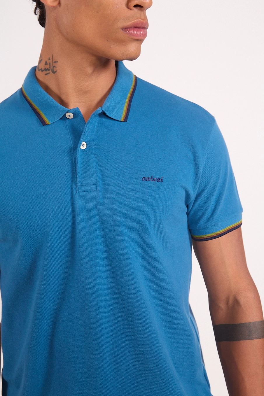 Polo Masculina Em Algodão Com Frisos Contrastantes Azul