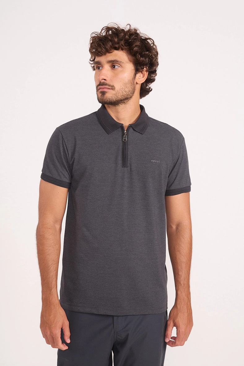 Polo Masculina Slim Em Malha Texturizada Com Zíper