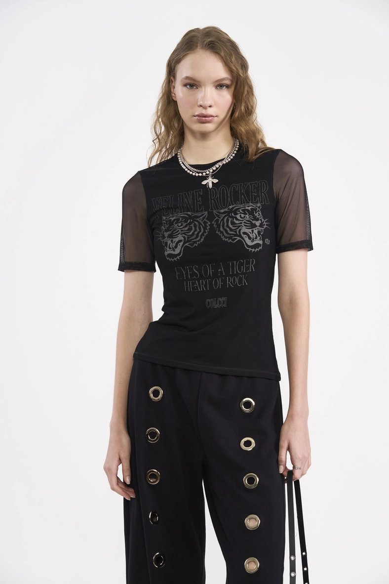 Camiseta Slim Em Tule Com Estampa Frontal