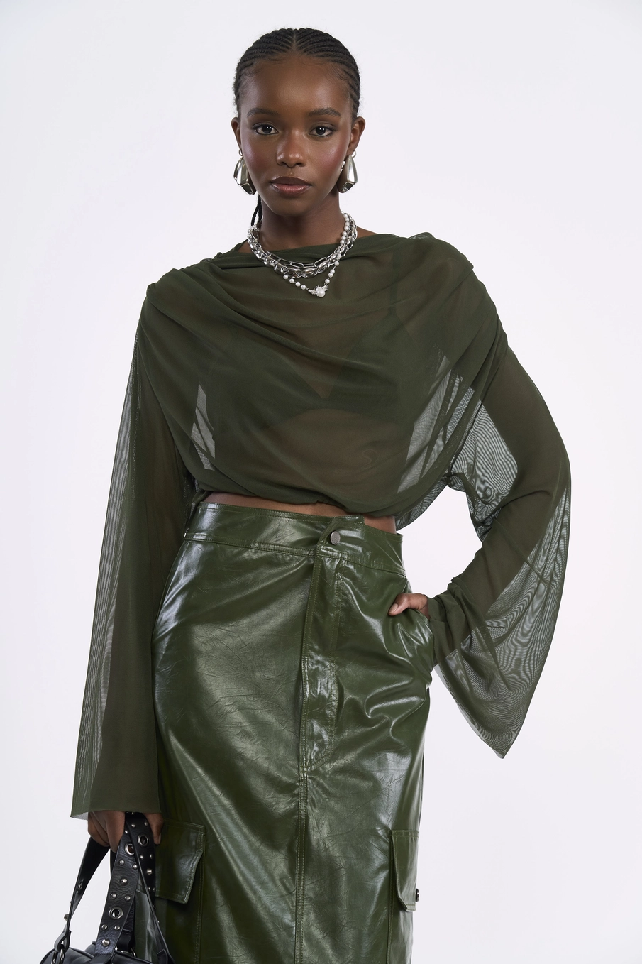 Blusa Cropped De Tule Drapeada Verde