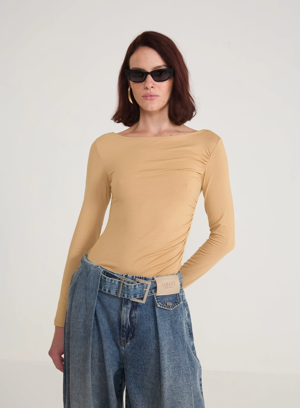 Blusa Manga Longa Drapeada Bege